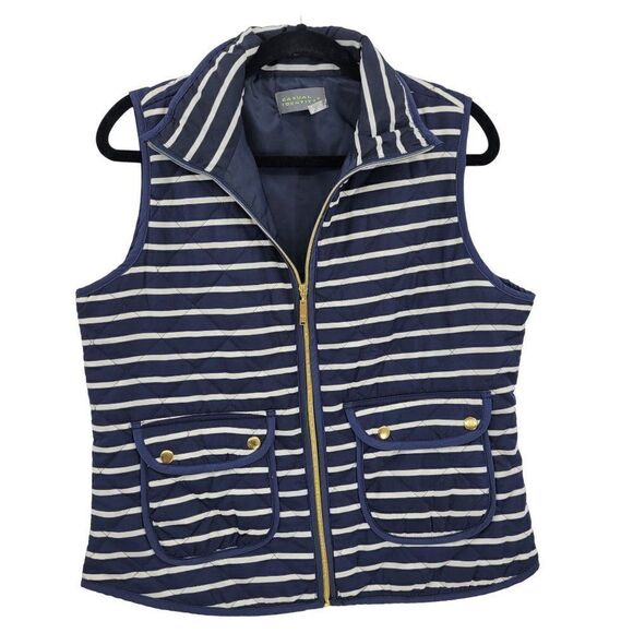 Casual Identity Quilted Vest Petite M Blue White Nautical Striped Zip Up Preppy - Picture 1 of 15